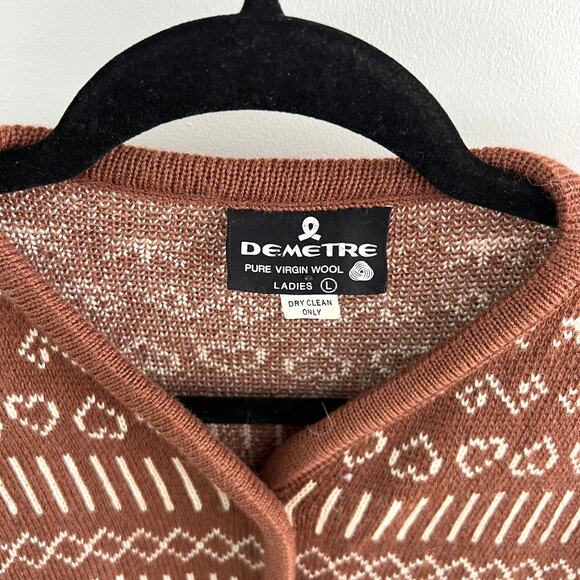 Vintage Demetre Pure Virgin Wool Brown Heart Stitch Cardigan Sweater Size Large - Picture 5 of 8